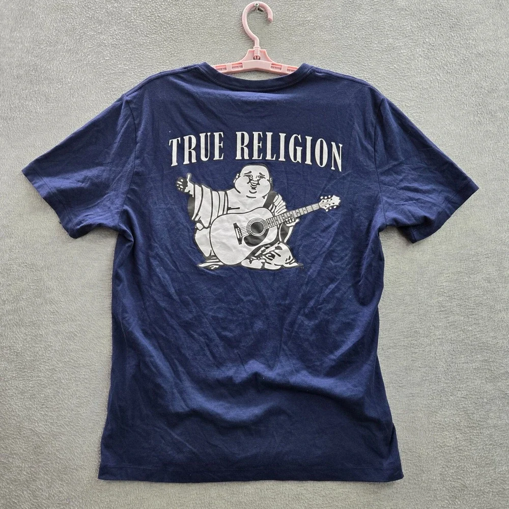 True‎ Religion Men Shirt L Blue Buddha Guitar Short Sleeve Cotton Logo